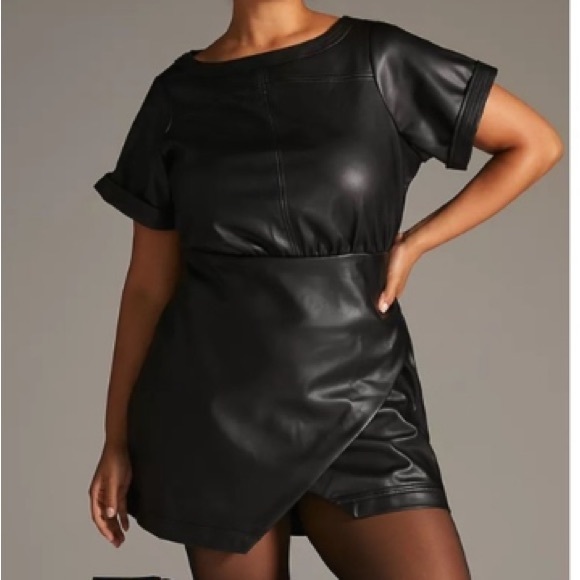 ANTHROPOLOGIE Faux Leather wrap mini dress Black/Noir SZ: 6 - Picture 13 of 13